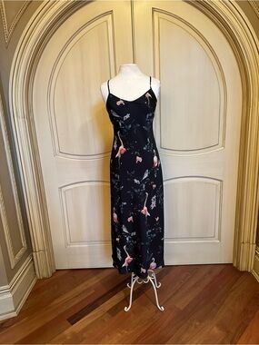 All Saints Black Midi Slip Dress with Pink Floral Print